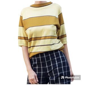 Vintage 70s Top Short Sleeve Stripe Sweater Knit Shirt Size M